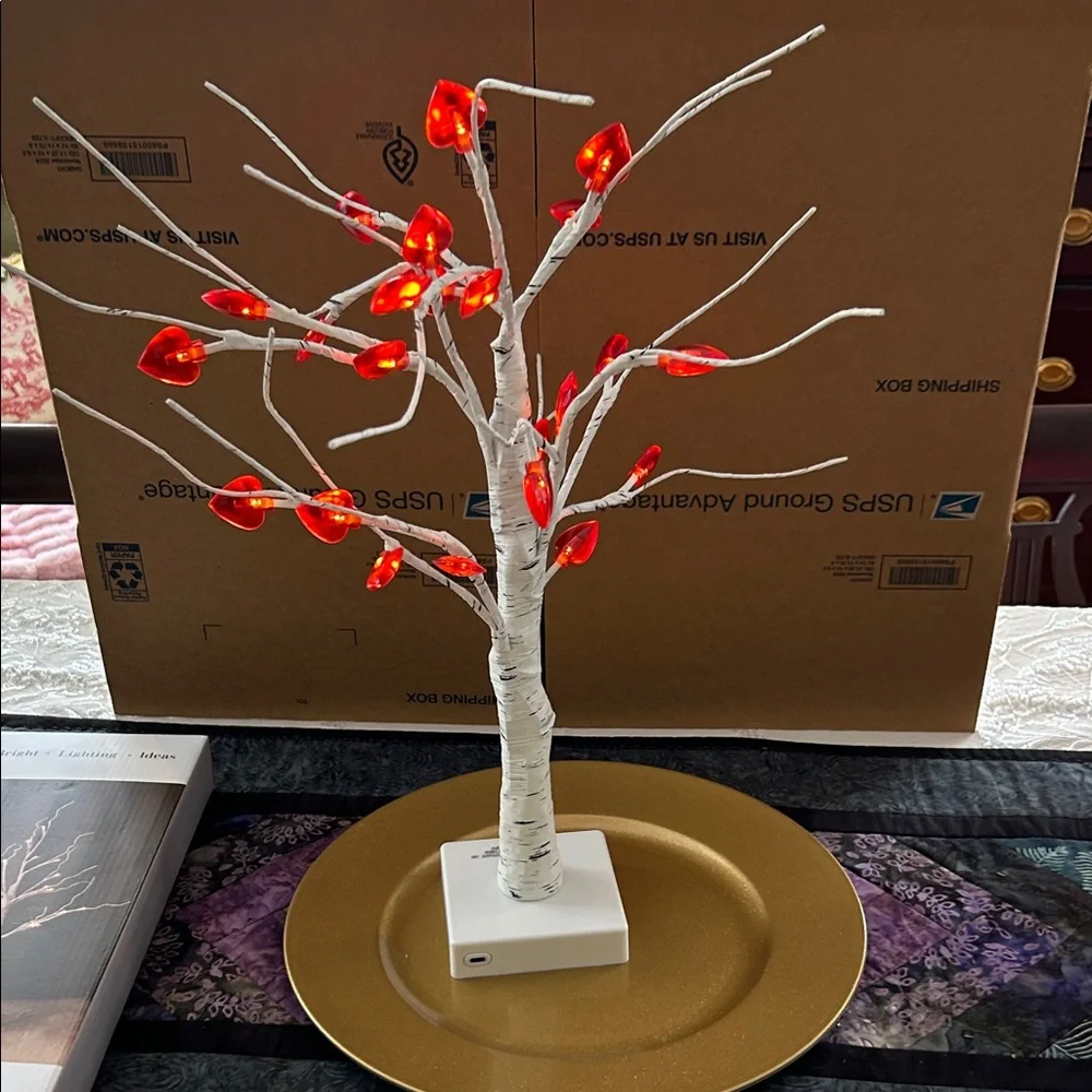 Illuminated Faux Birch Tree with or without Vibrant Red Hearts;Battery Operated